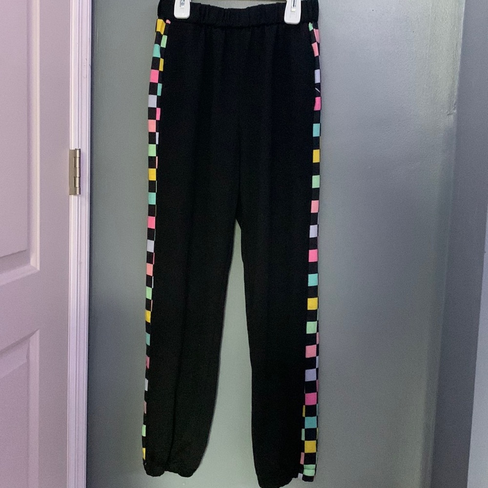 black sweatpants w/ side colored checkers design